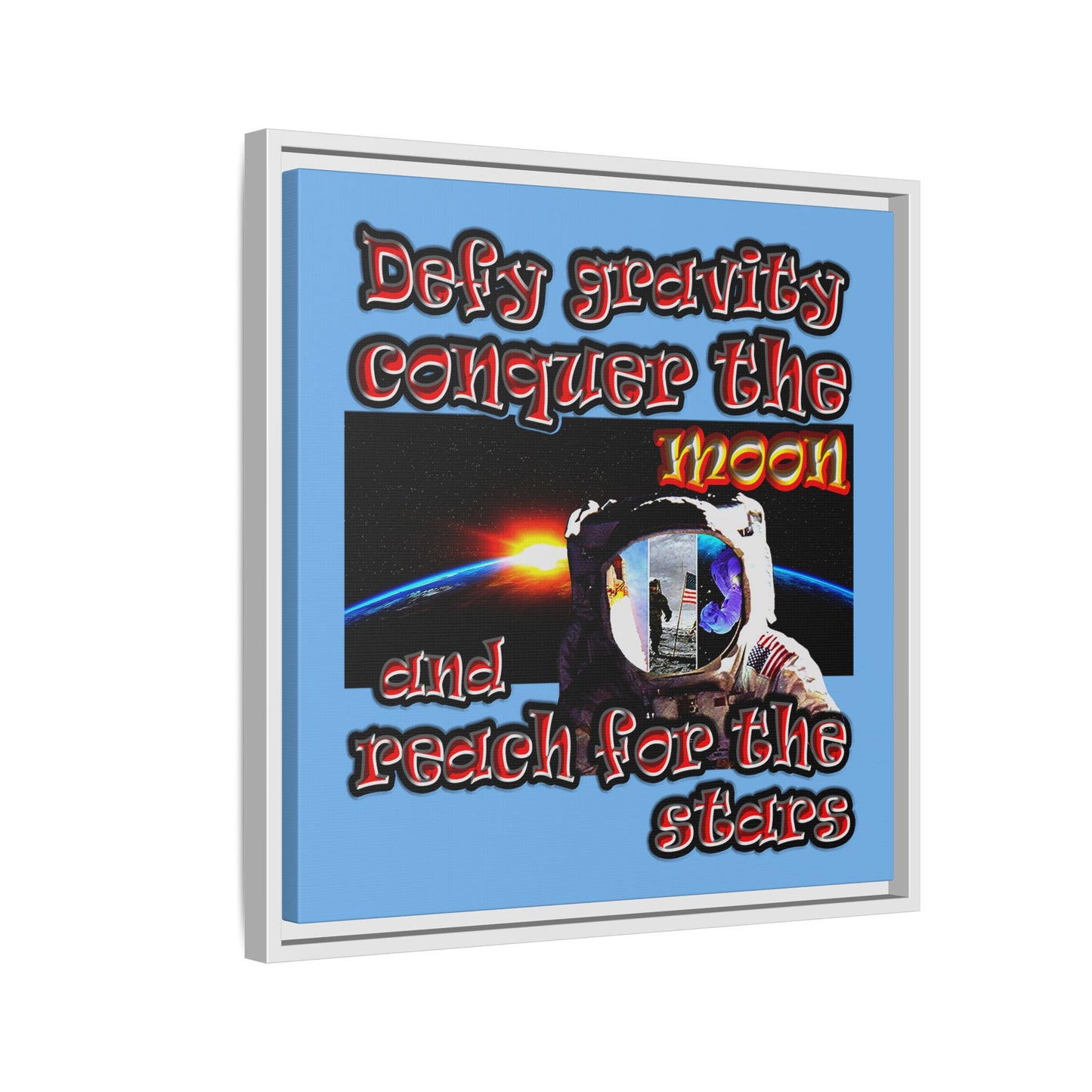 defy conquer reach - framed canvas art (light blue)