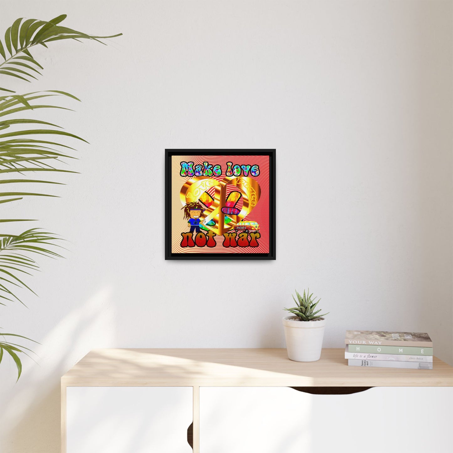 love peace - framed canvas art (yellow-orange wave)