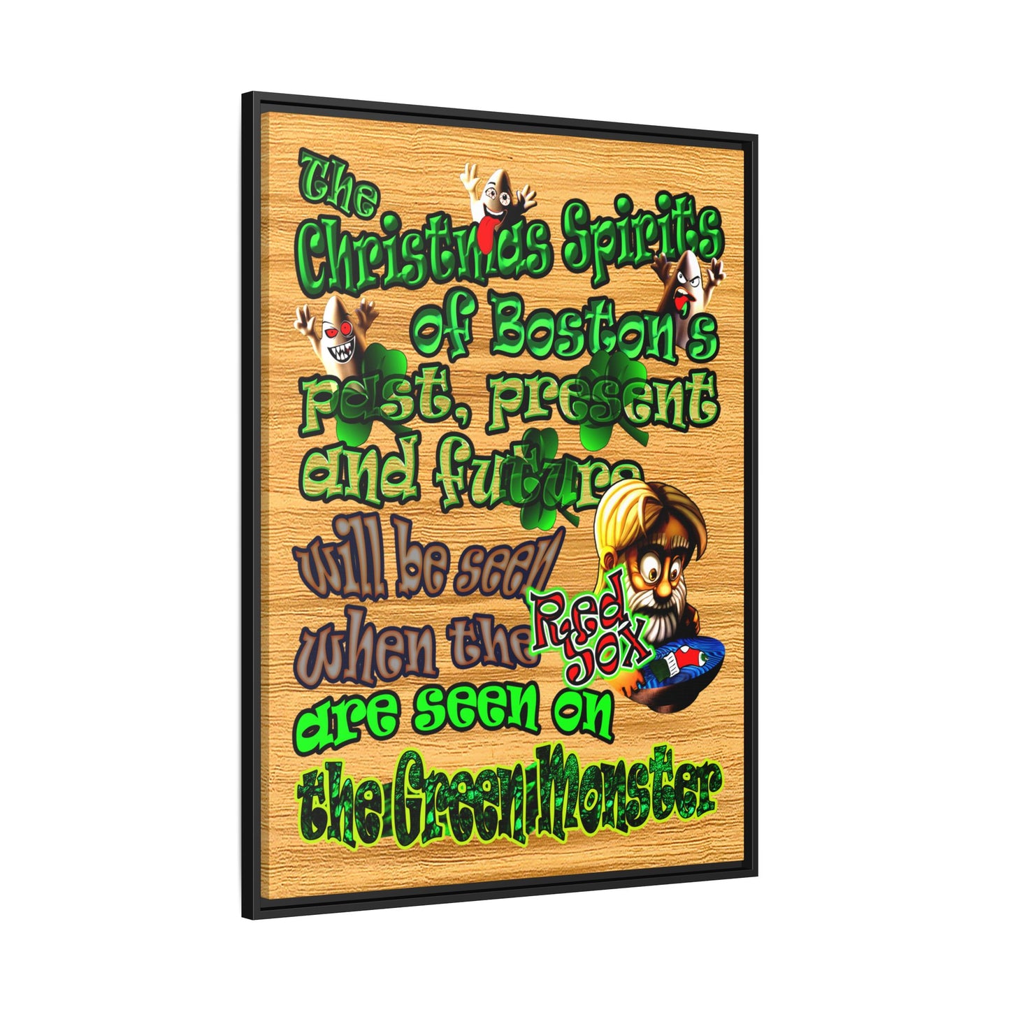 christmas spirits of boston - framed canvas art (butterscotch wood finish)