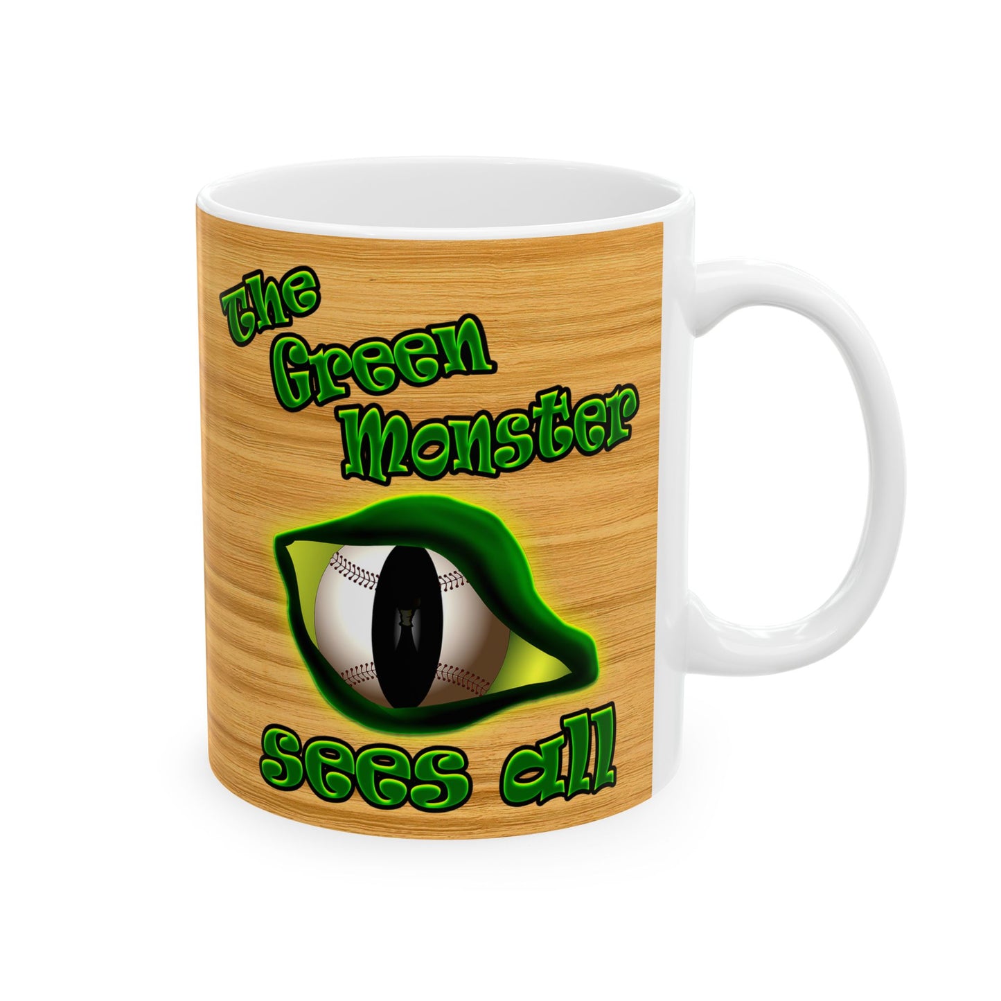 green monster - White Mug (butterscotch wood finish)