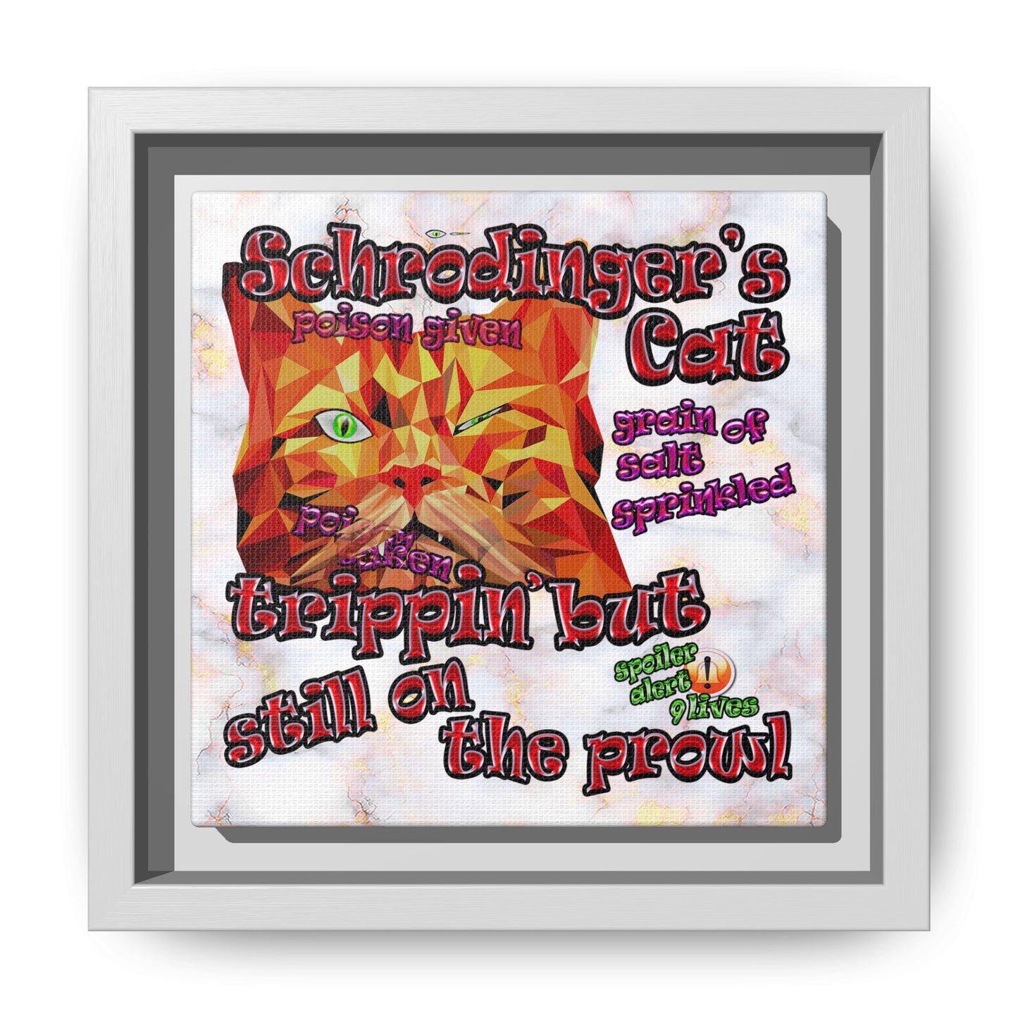 schrodinger's cat - framed canvas art (white marble)