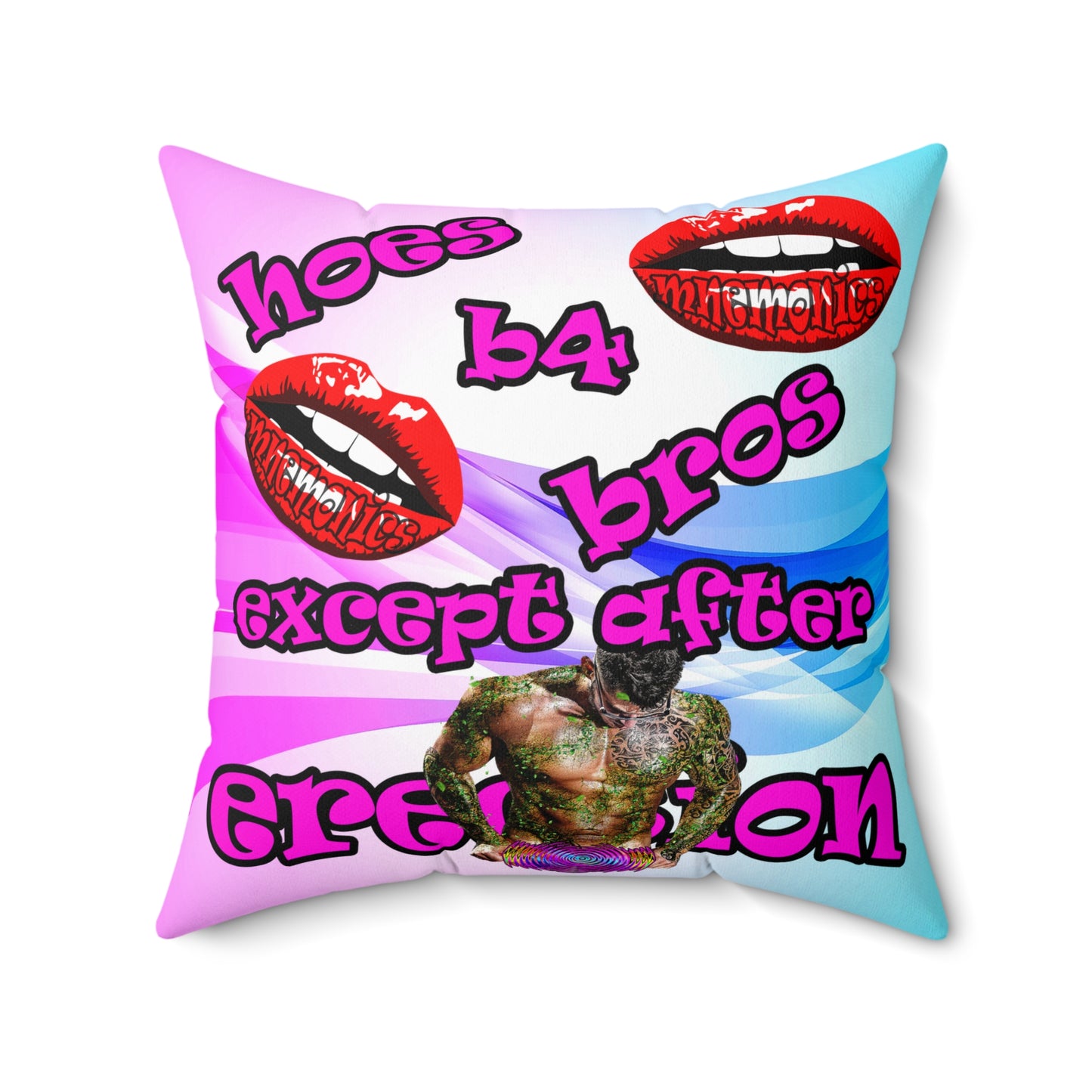 hoes b4 bros - Spun Polyester Square Pillow - (light blue-pink wave)