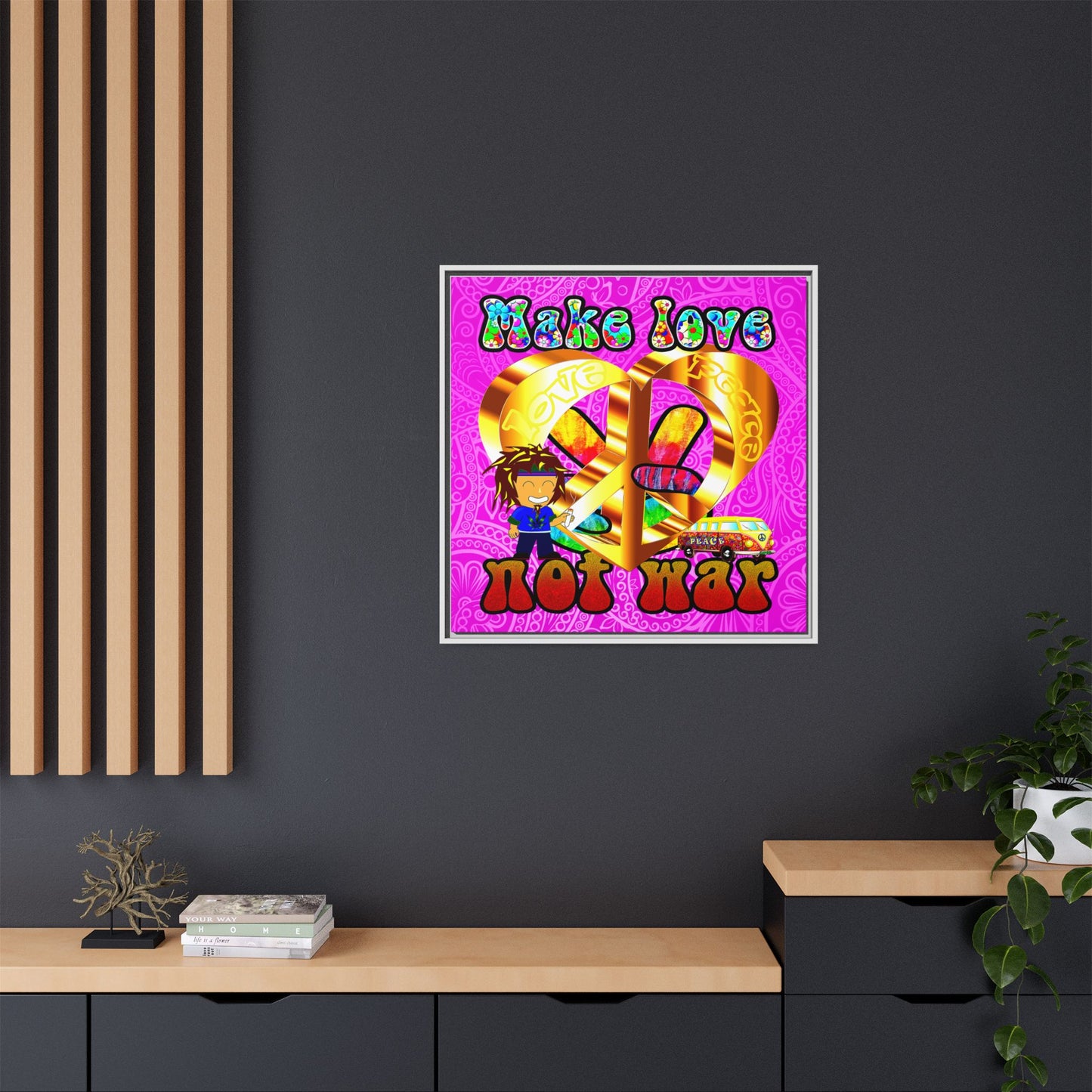 love peace - framed canvas art (pink swirl)