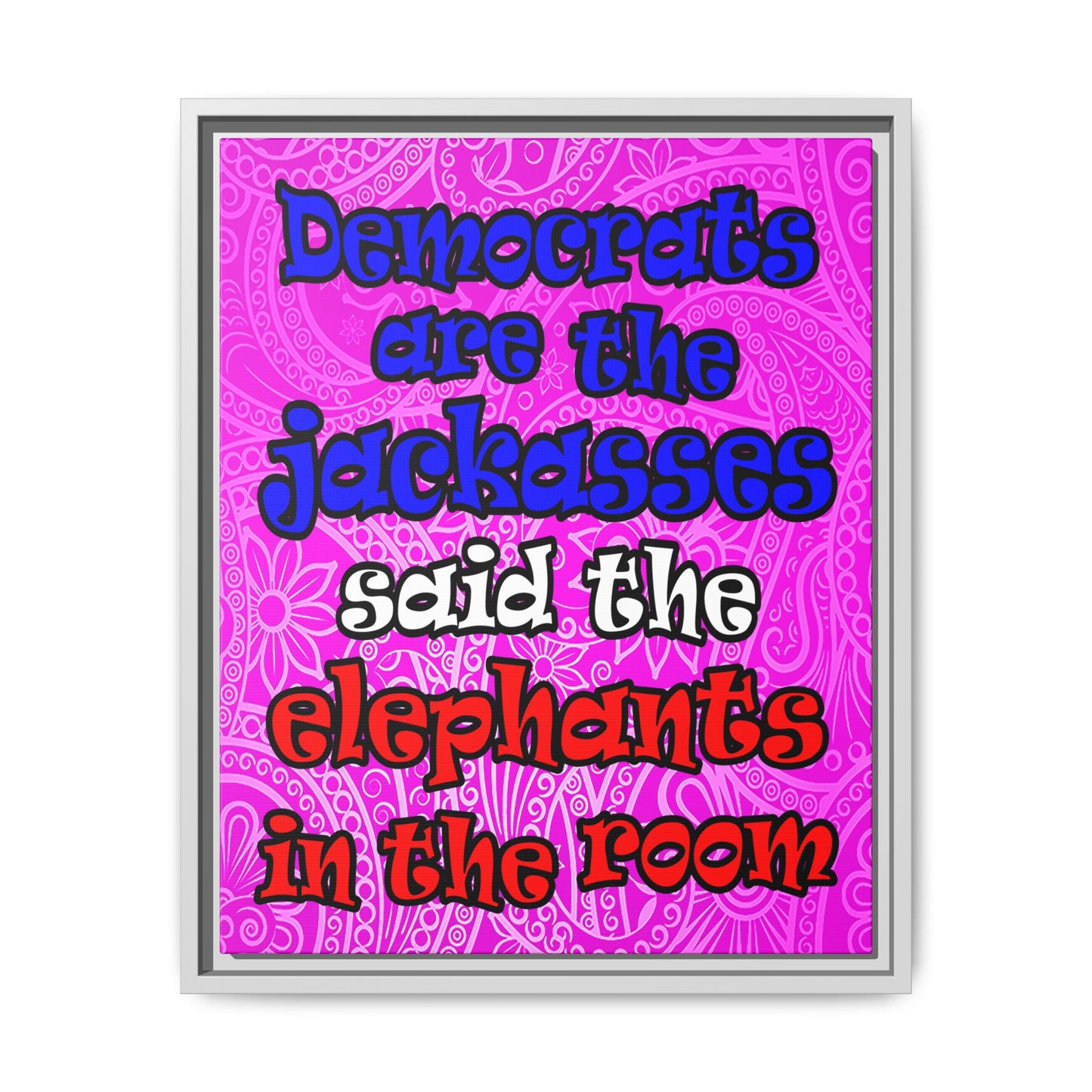 donkeys and elephants - framed canvas art (pink swirl)