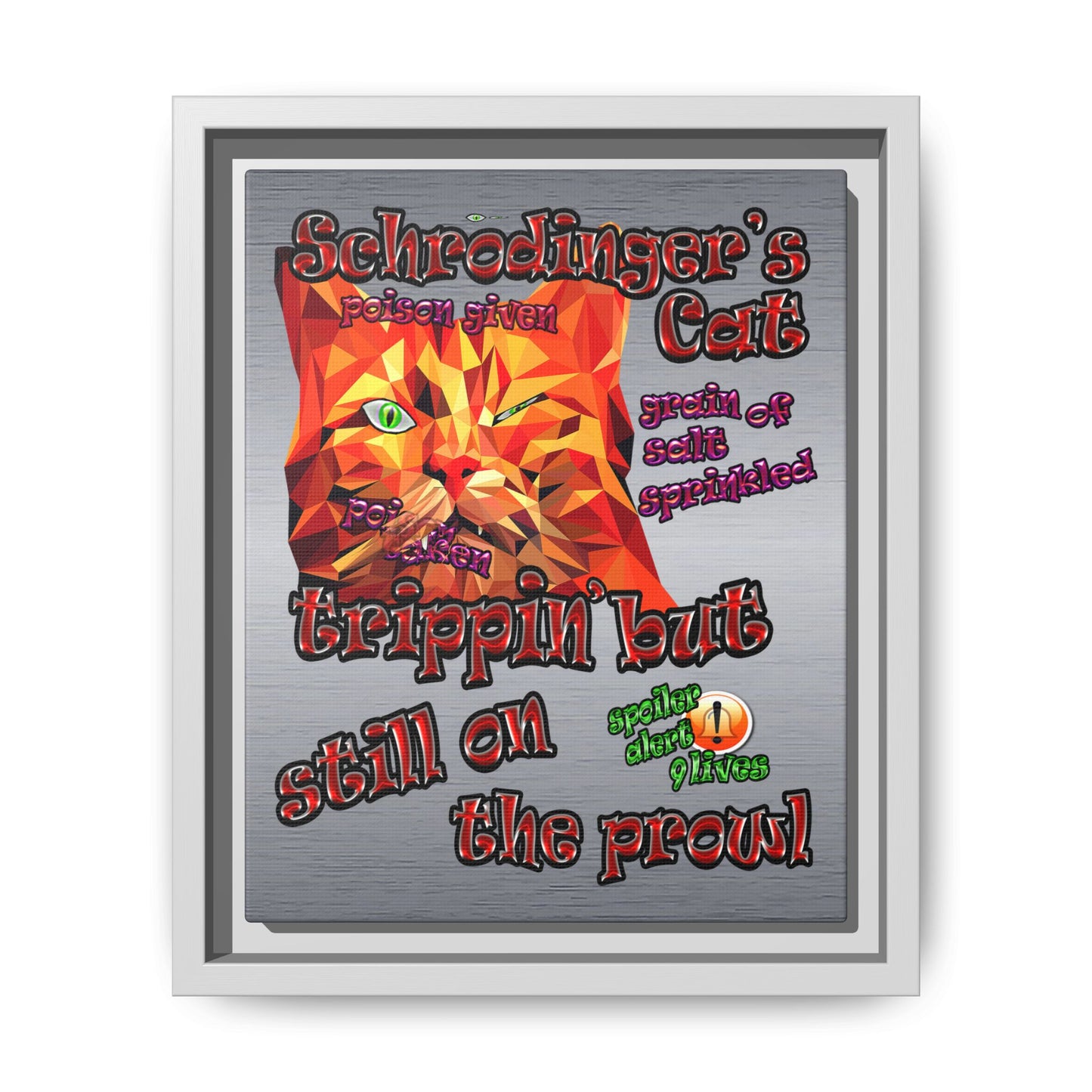 schrodinger's cat - framed canvas art (brushed nickel)