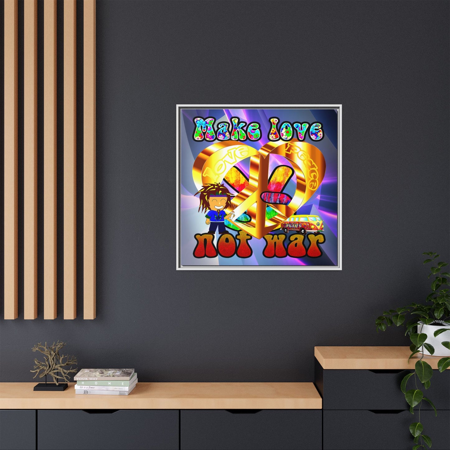 love peace - framed canvas art (grey-pink wave)