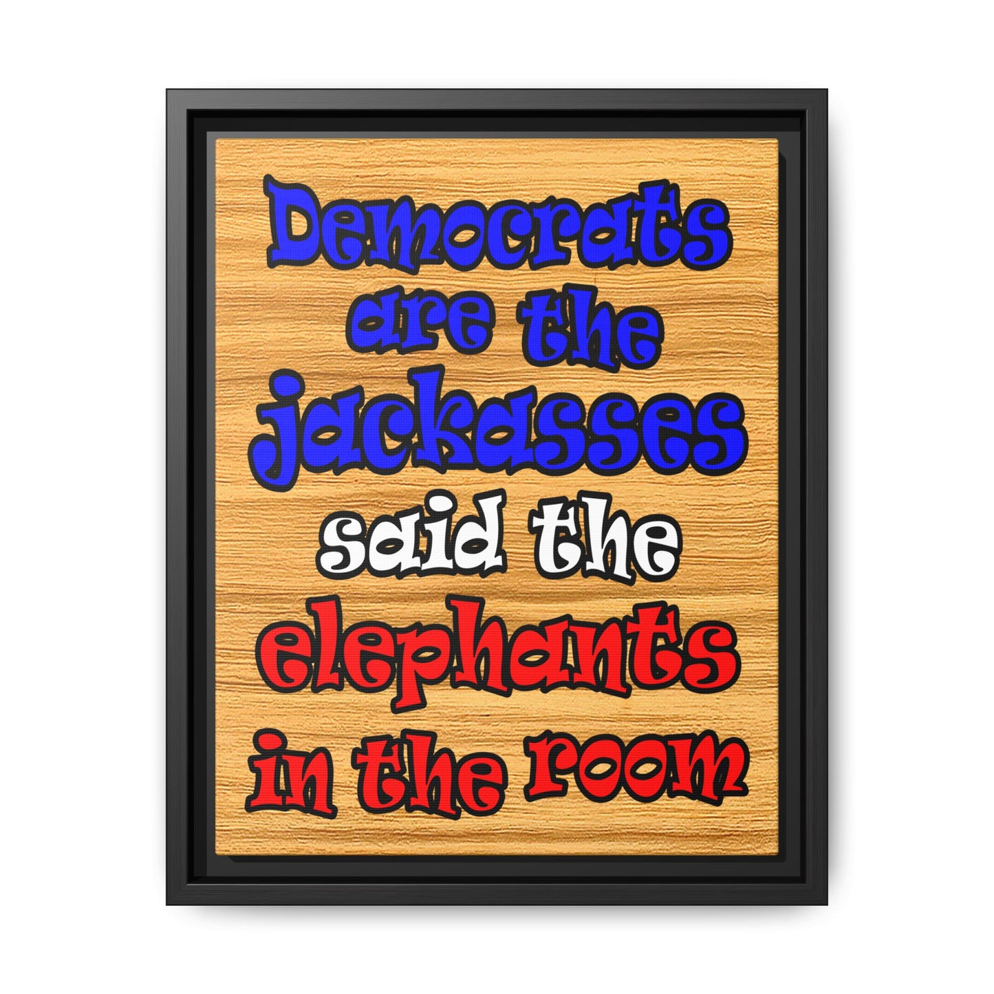 donkeys and elephants - framed canvas art (butterscotch wood finish)