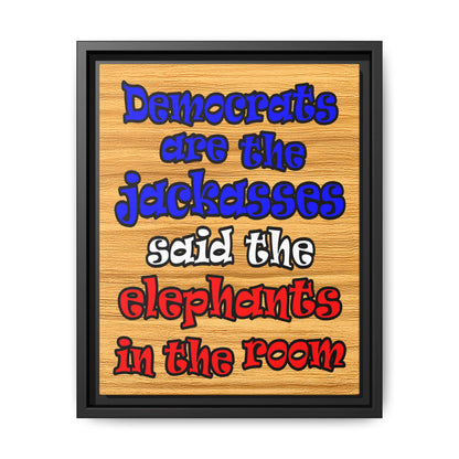 donkeys and elephants - framed canvas art (butterscotch wood finish)