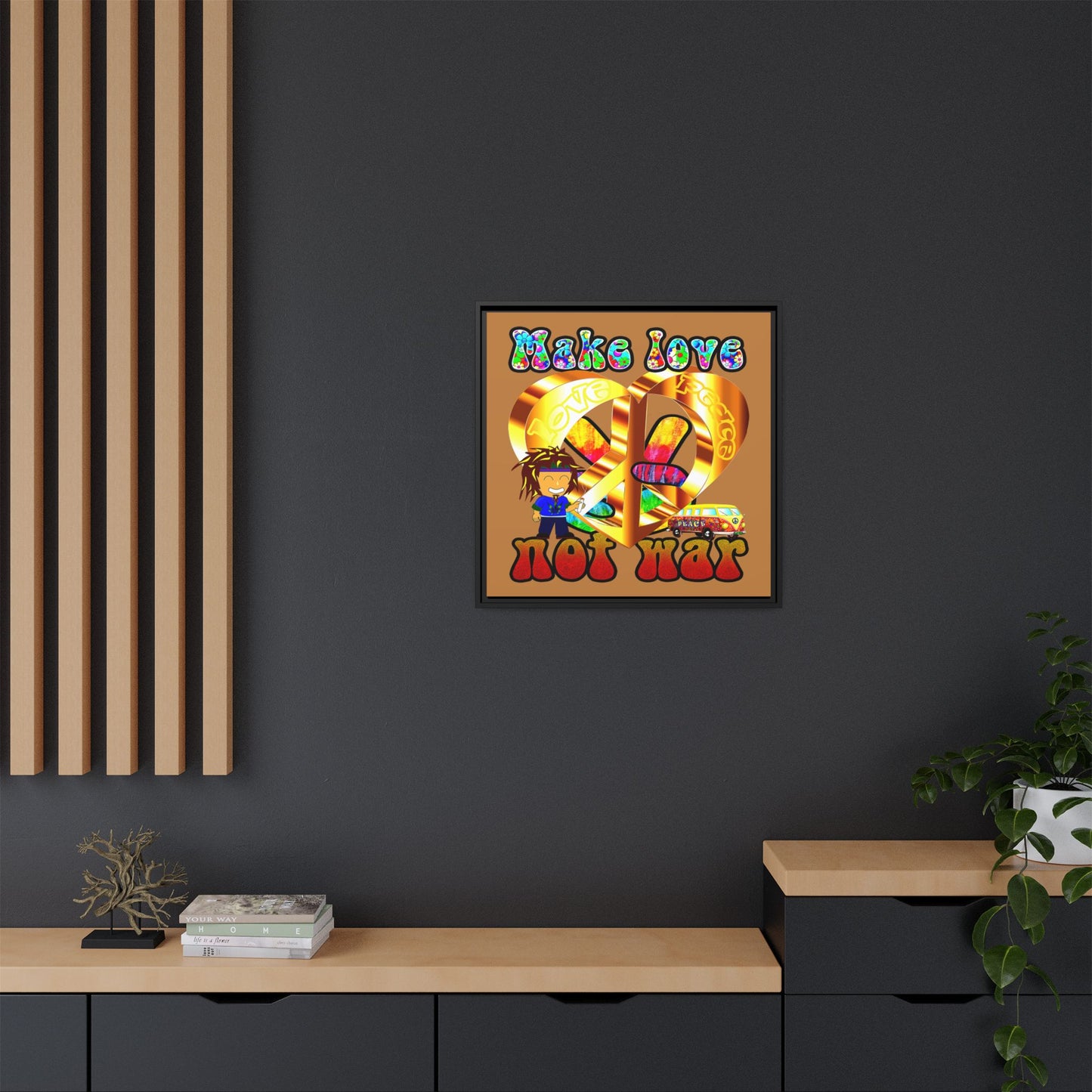 love peace - framed canvas art (light brown)