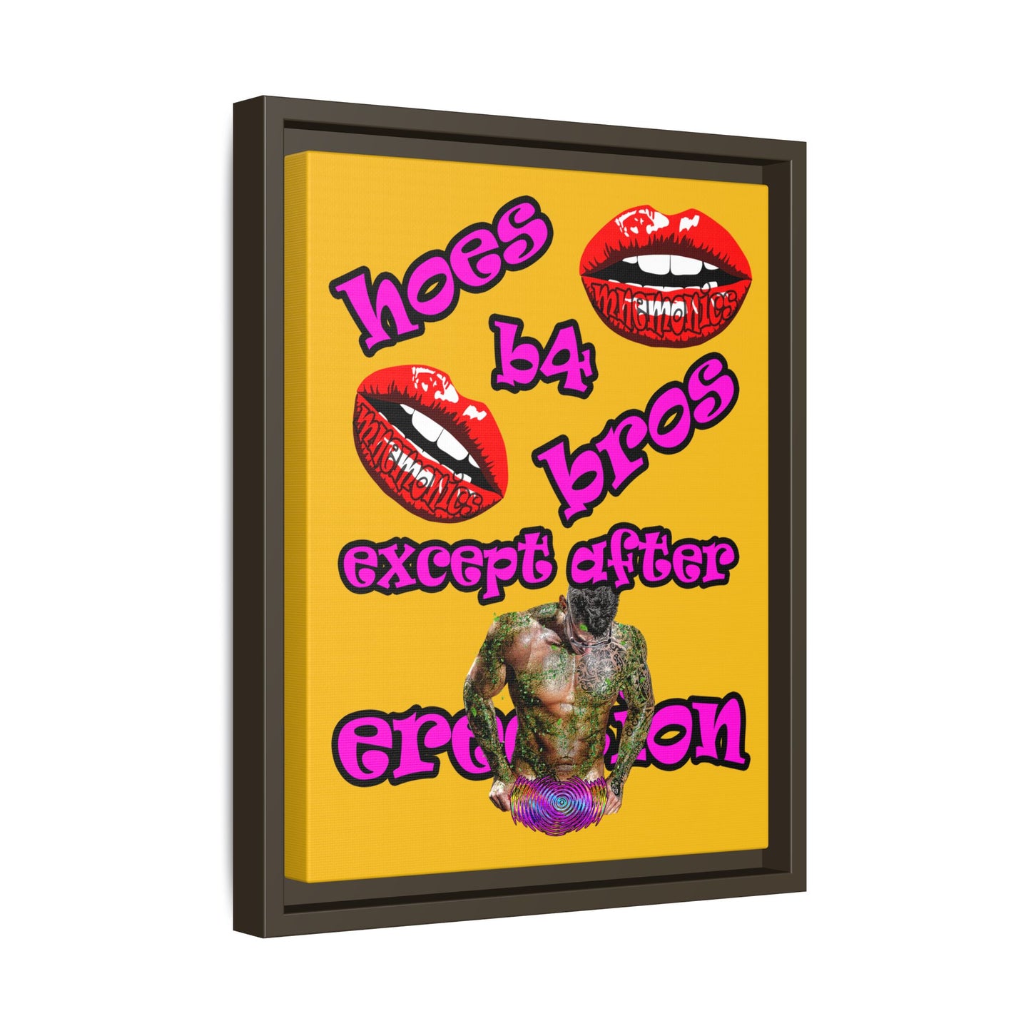 hoes b4 bros - framed canvas art (yellow)