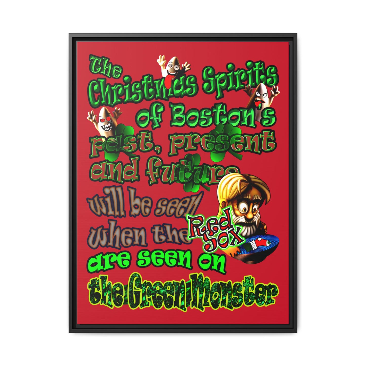 christmas spirits of boston - framed canvas art (dark red)
