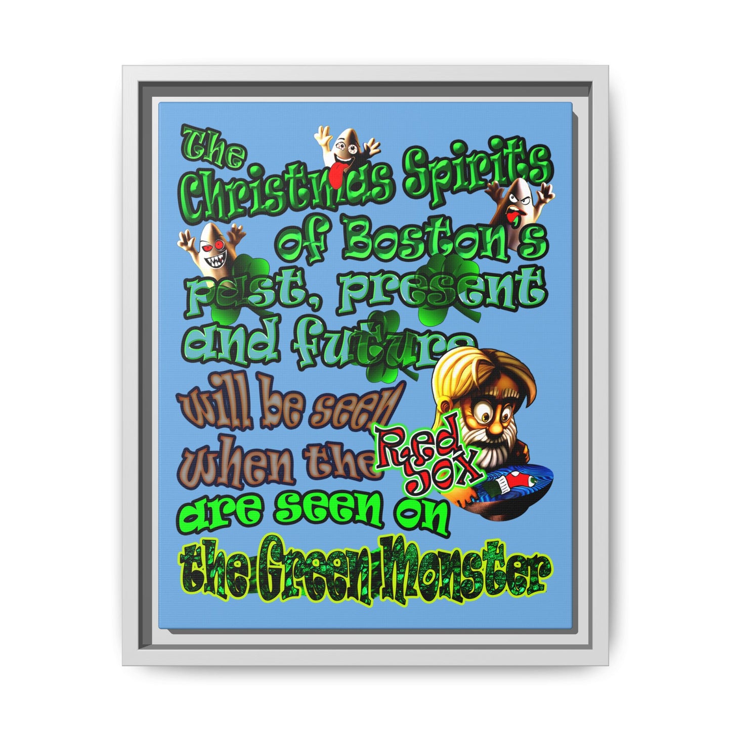 christmas spirits of boston - framed canvas art (light blue)