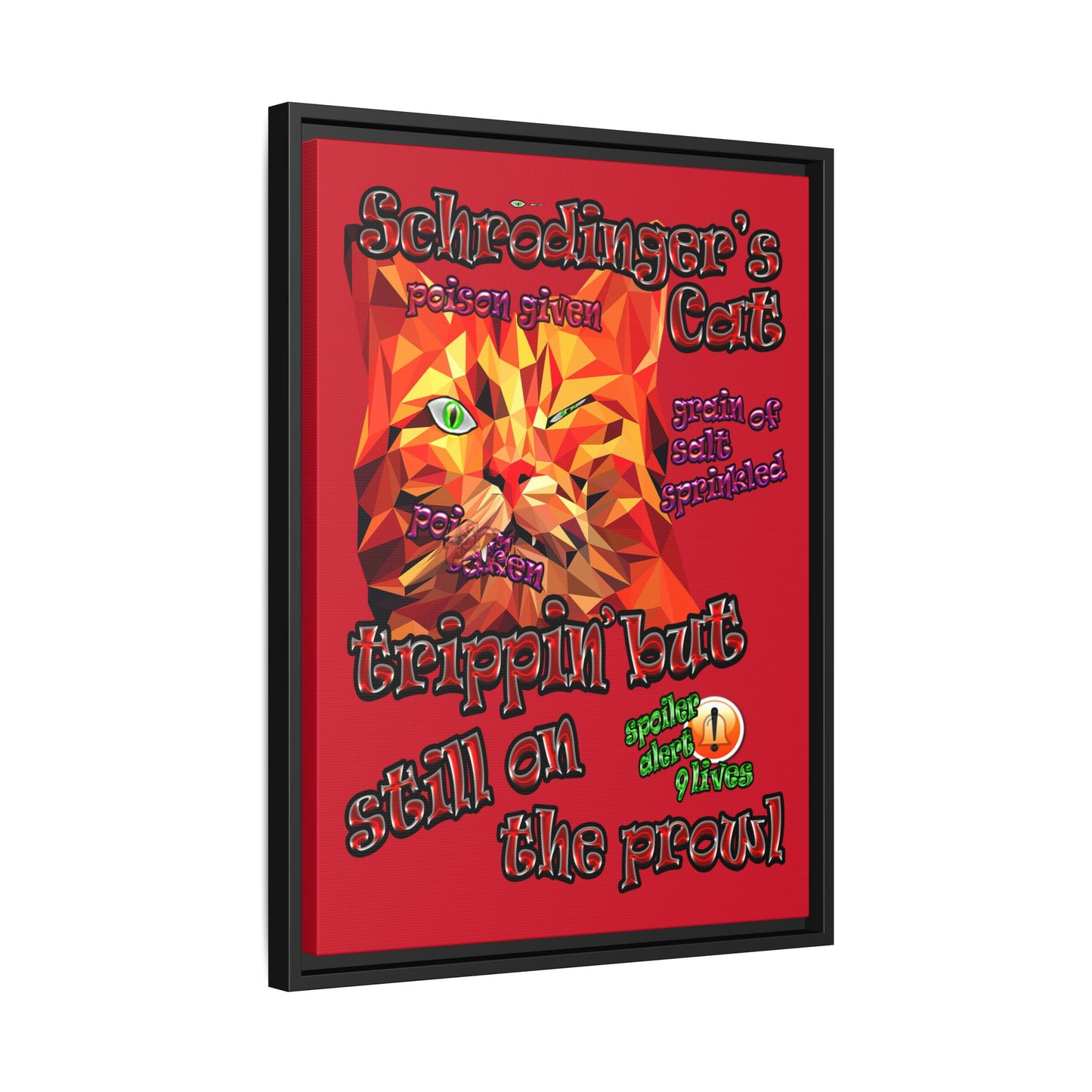 schrodinger's cat - framed canvas art (dark red)
