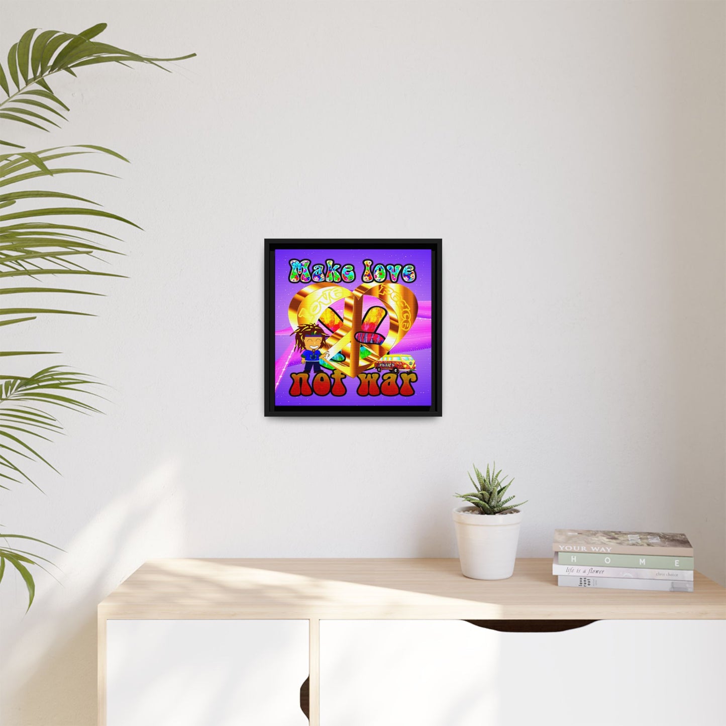 love peace - framed canvas art (purple-pink wave)