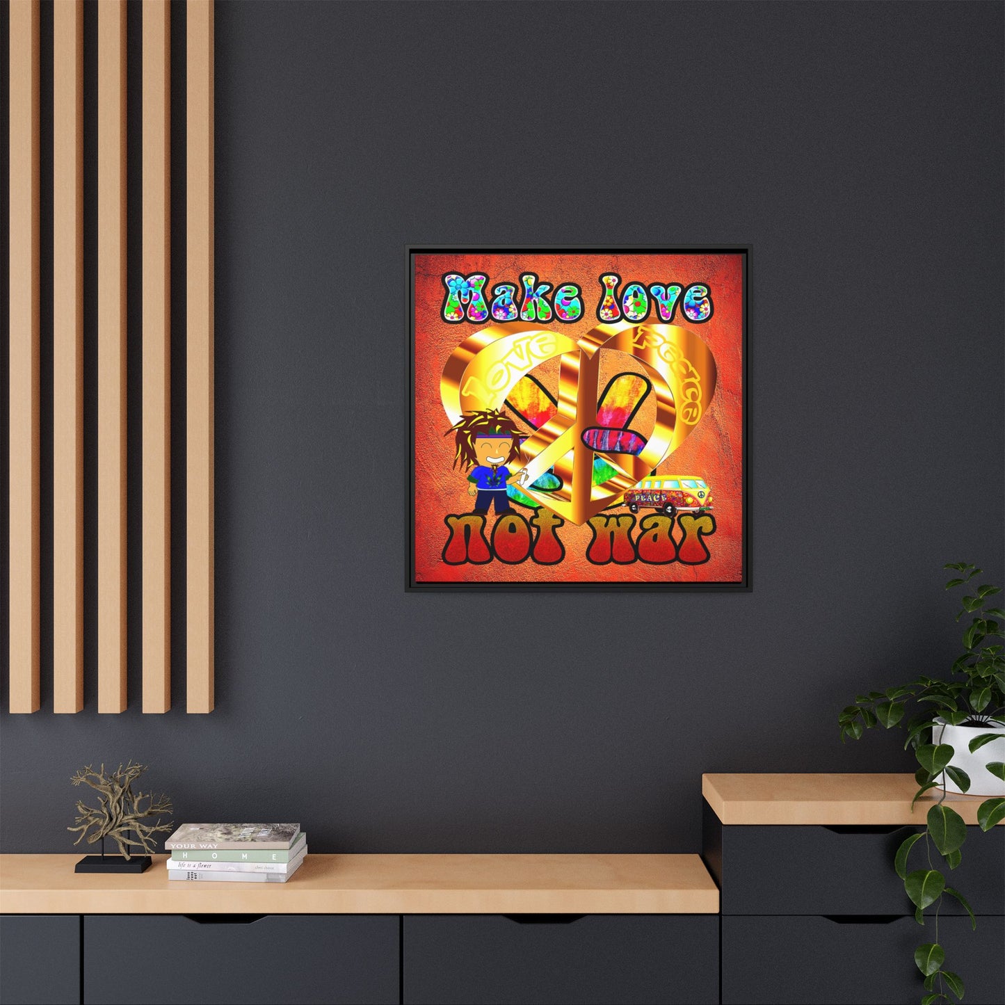 love peace - framed canvas art (burnt orange)