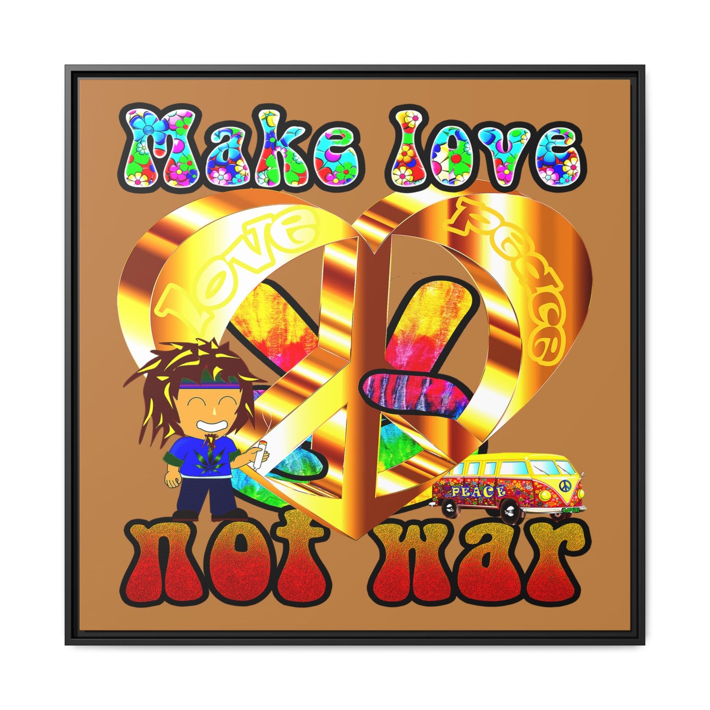 love peace - framed canvas art (light brown)