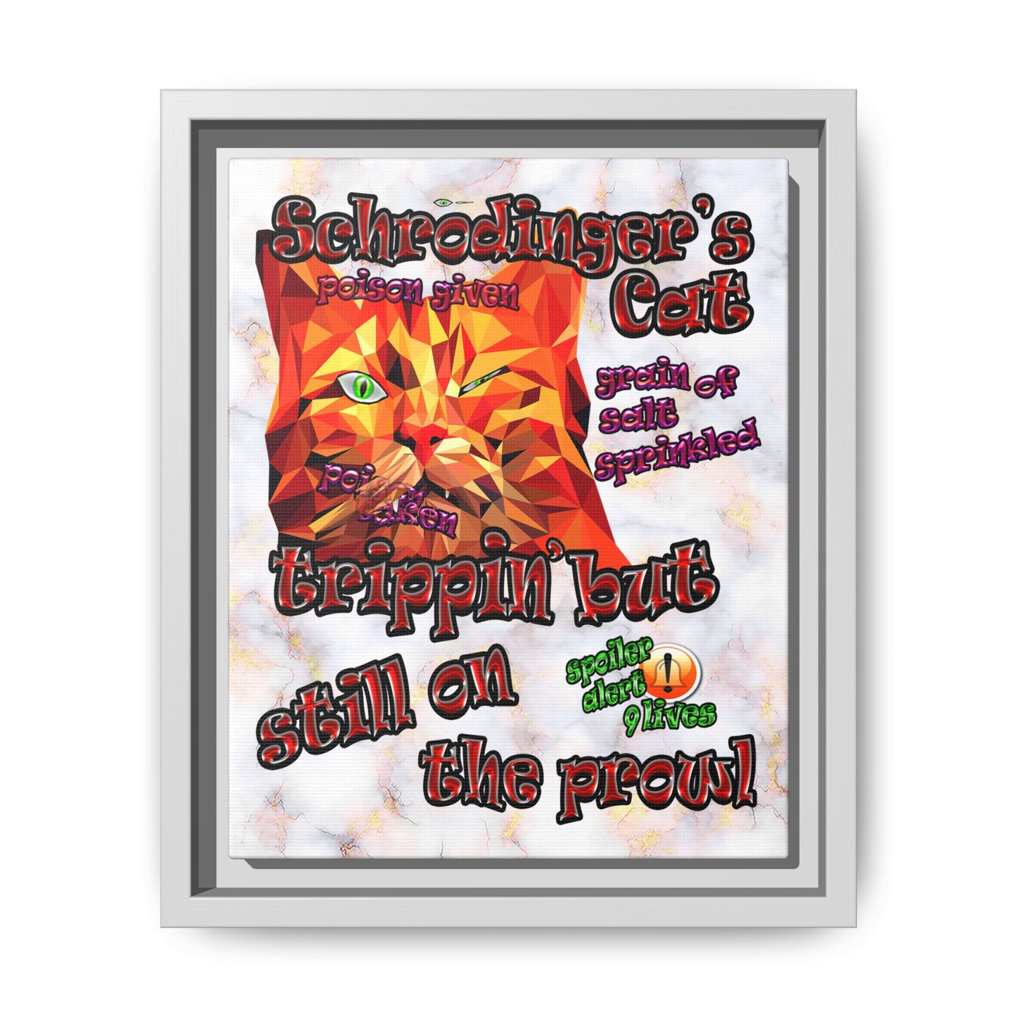 schrodinger's cat - framed canvas art (white marble)