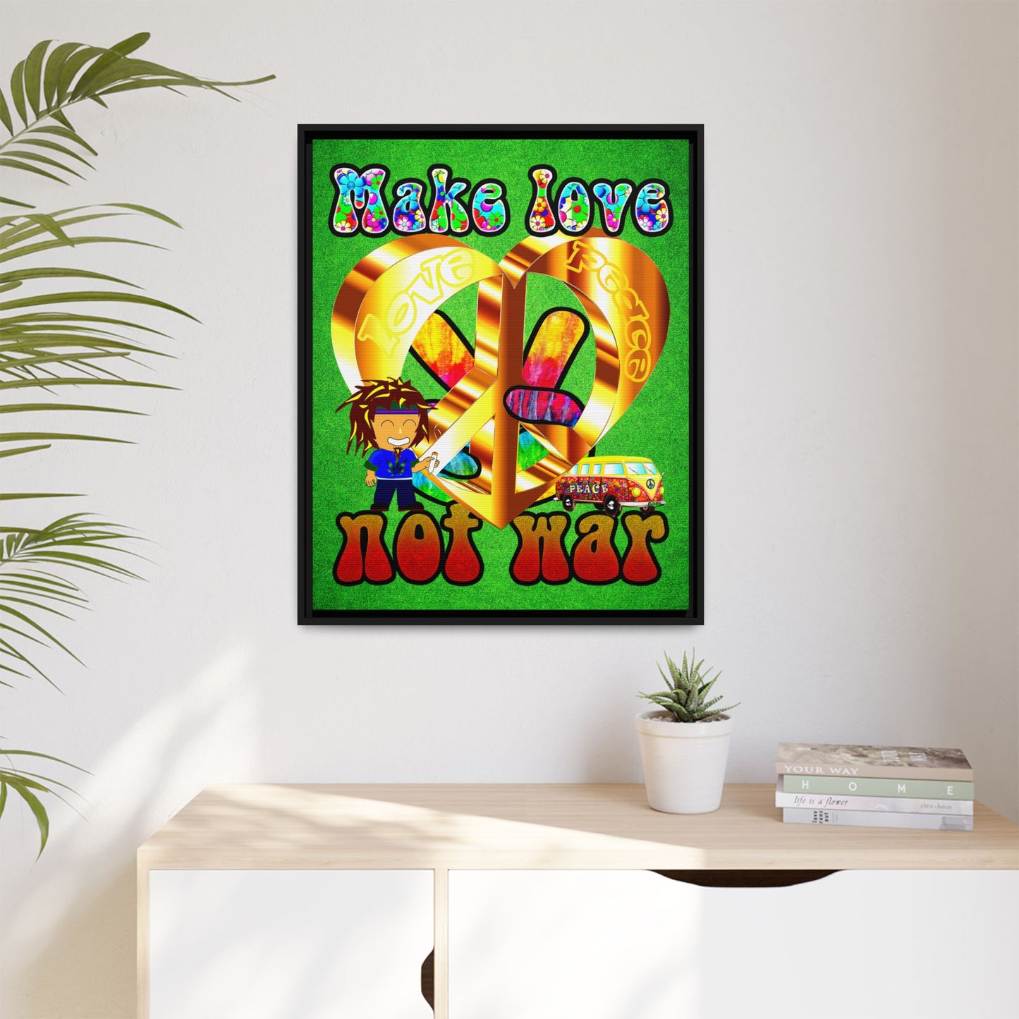 love peace - framed canvas art (green turf)