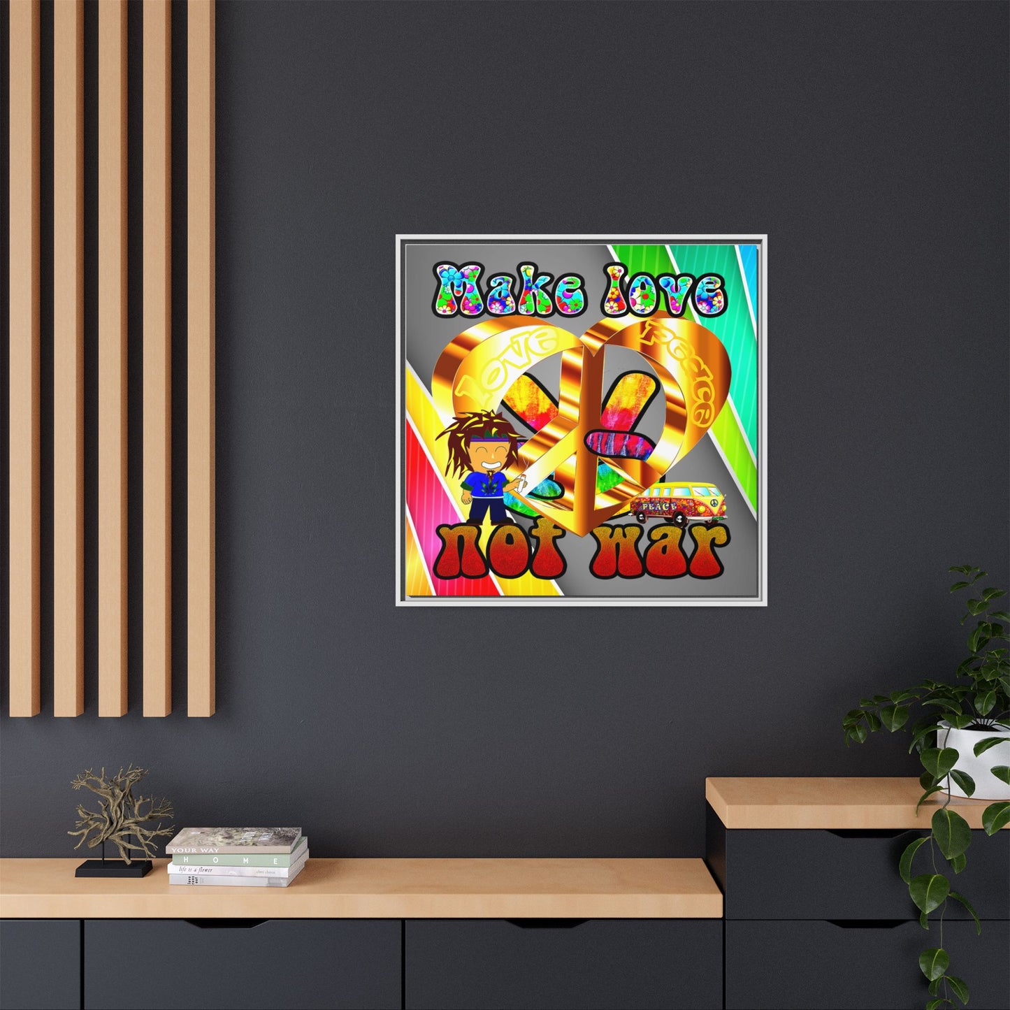 love peace - framed canvas art (rainbow split)