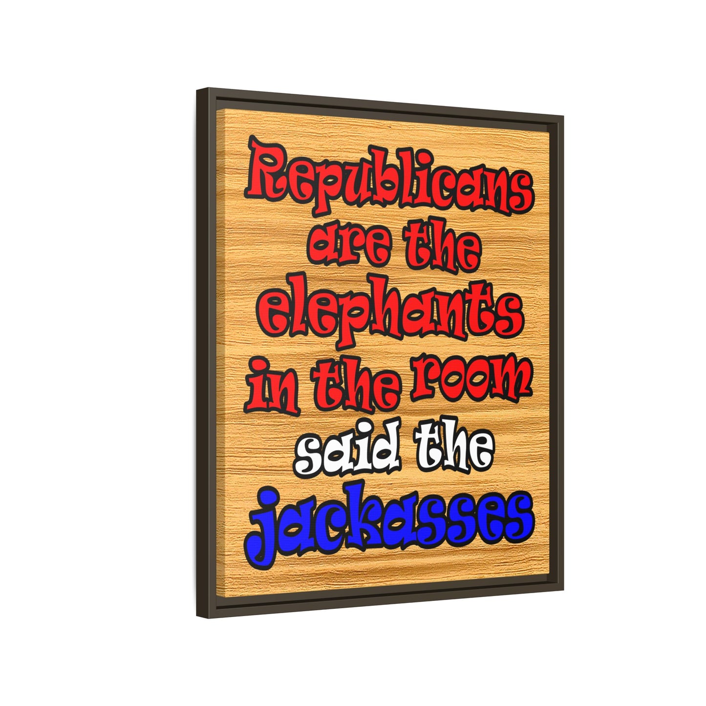 donkeys and elephants - framed canvas art (butterscotch wood finish)