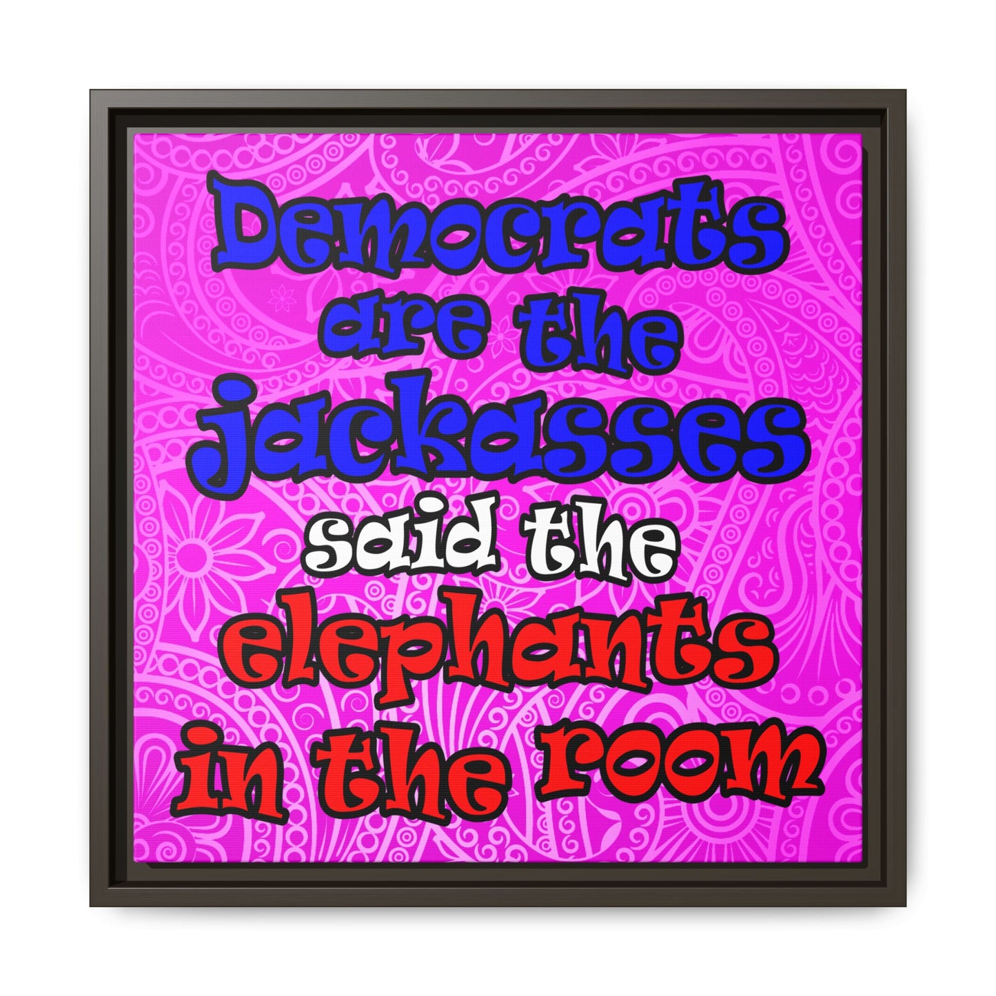 donkeys and elephants - framed canvas art (pink swirl)