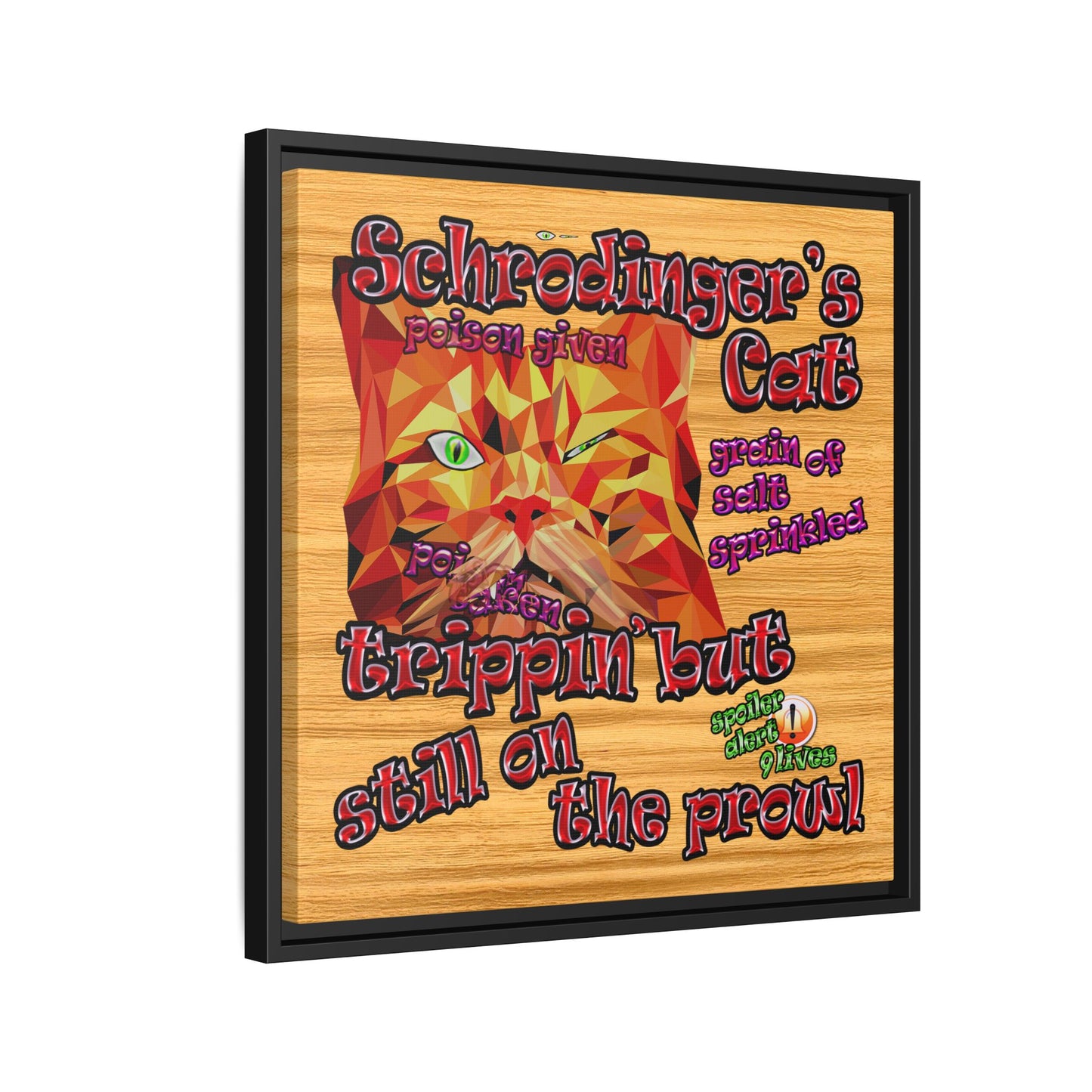 schrodinger's cat - framed canvas art (butterscotch wood finish)
