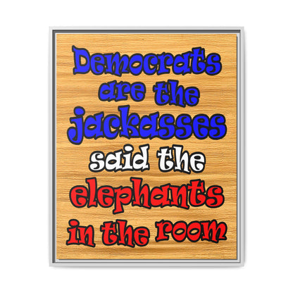 donkeys and elephants - framed canvas art (butterscotch wood finish)