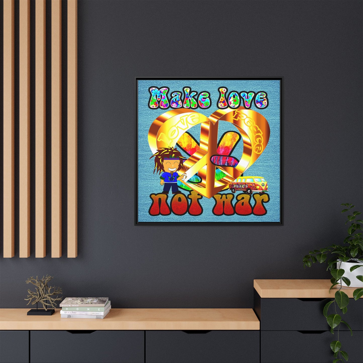 love peace - framed canvas art (faded blue)