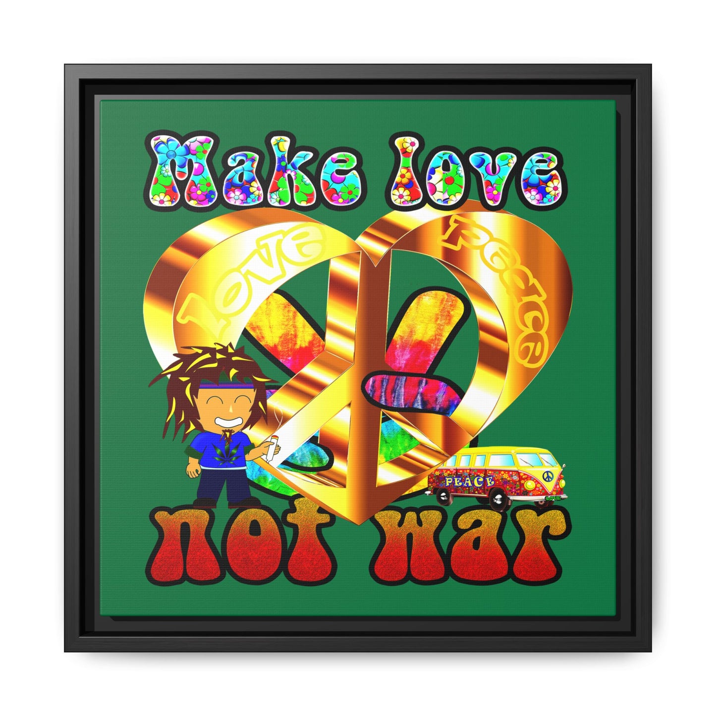 love peace - framed canvas art (dark green)