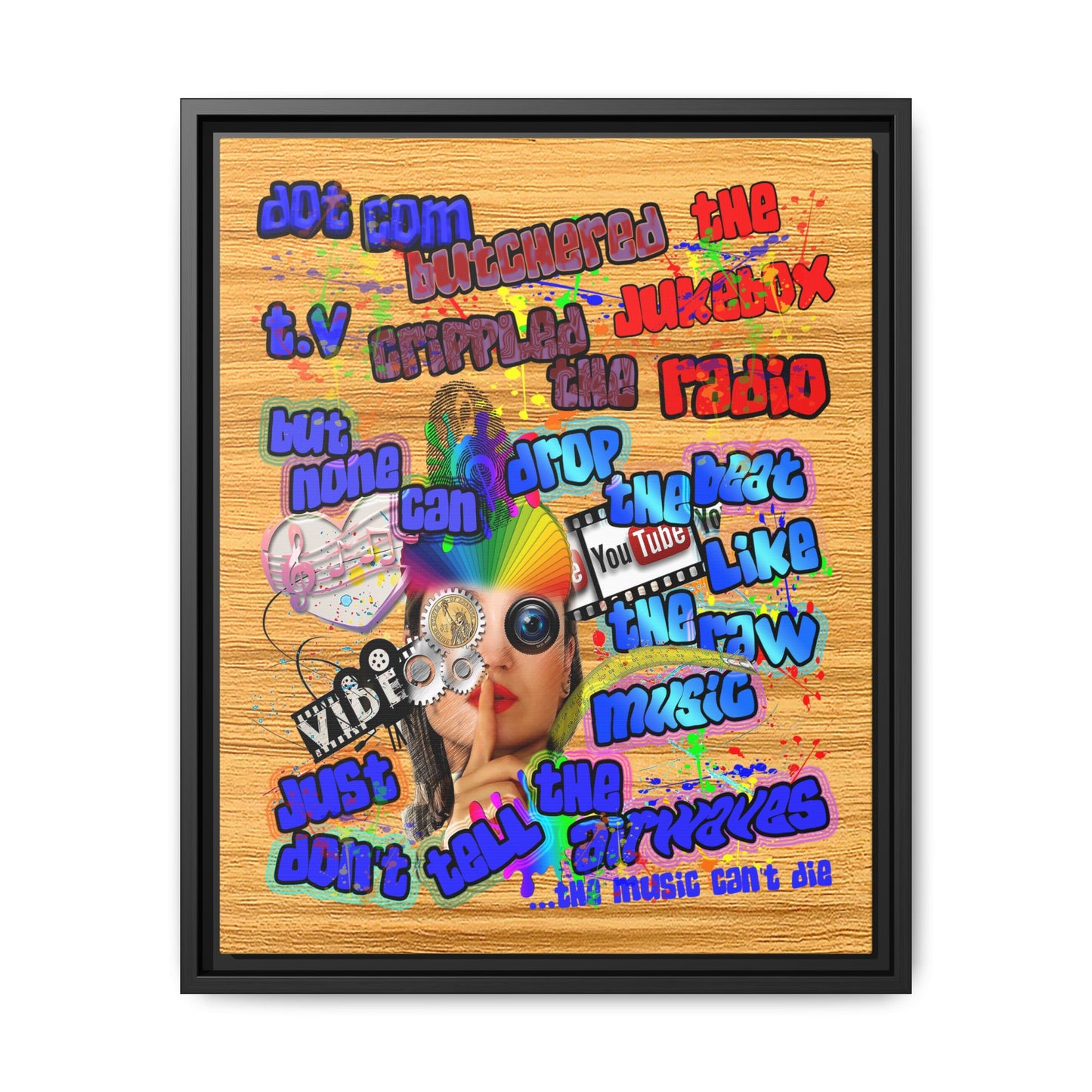 drop the beat - framed canvas art (butterscotch wood finish)