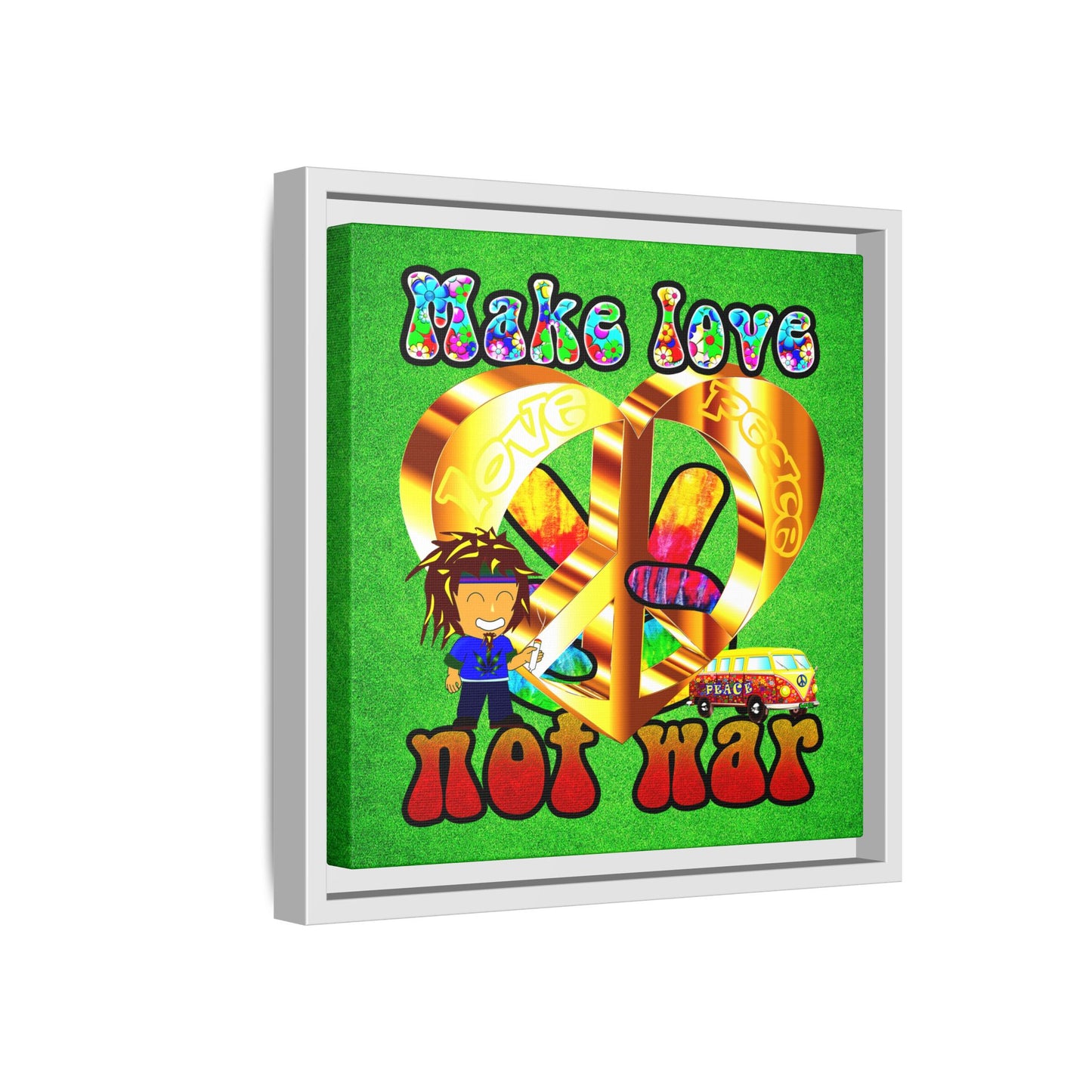love peace - framed canvas art (green turf)