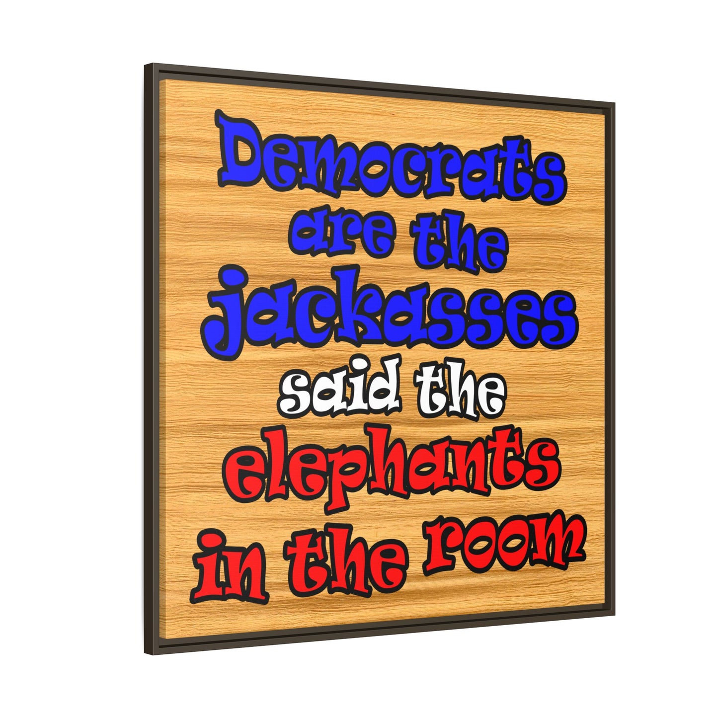 donkeys and elephants - framed canvas art (butterscotch wood finish)