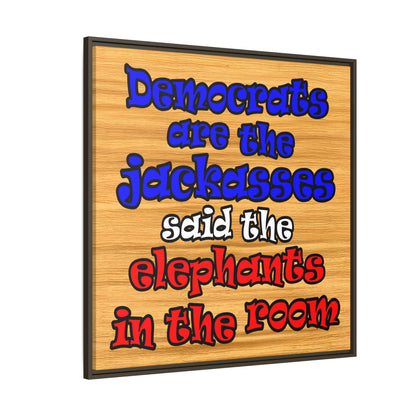 donkeys and elephants - framed canvas art (butterscotch wood finish)